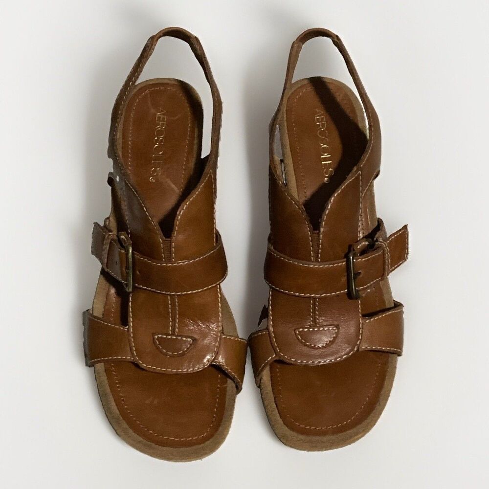 Aerosoles Womens Shoes Size 7.5 Brown Sandals Open Toe Slingback Buckle Heels